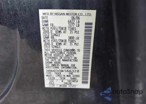 2006 Nissan Titan Se z USA, uszkodzony, nr VIN 1N6BA07A56N566328